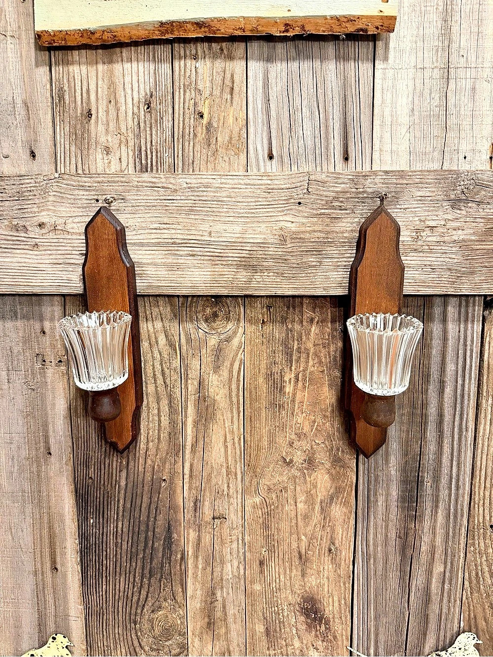 Pair of Vintage Rustic Farmhouse Wall Sconces with Fluted Glass Votive Cups